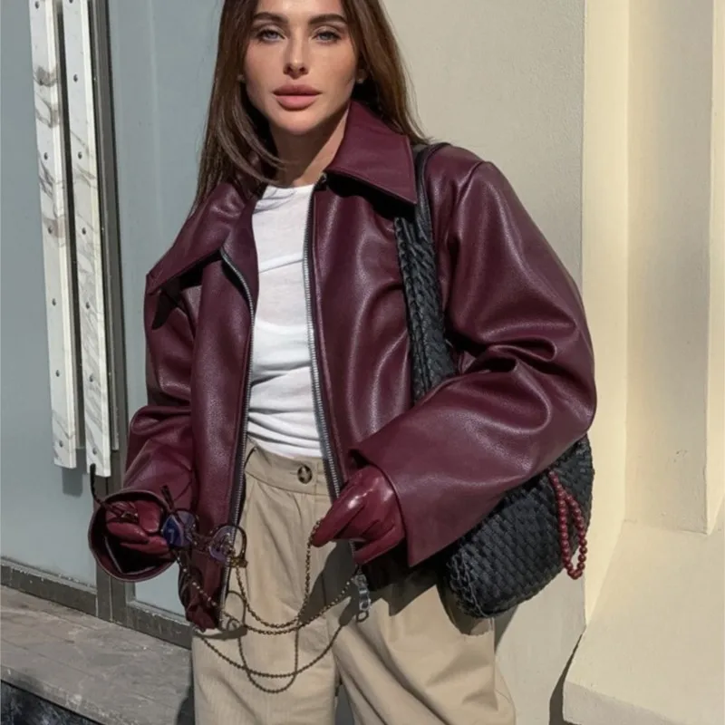 Fashion Leather Bomber Jackets For Women 2025 Autumn Winter Jackets With Zipper Ruched Demi-season Jacket Female Streetwear Coat