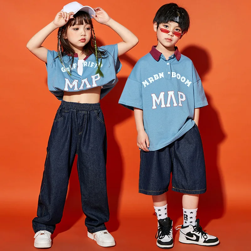 Crianças hip hop conjunto de roupas branco impressão azul polo topo rua jogger calças jeans shorts para meninas meninos jazz dança traje roupas