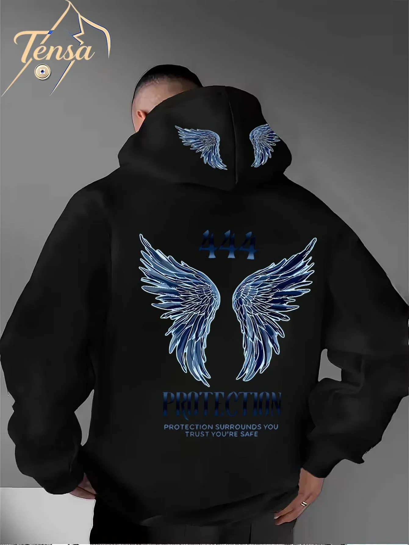 Men Hip Hop Angel Wings Hoodie 444 Protection Text Art Print Autumn Winter Fleece Lined Loose Pullover Hooded Sweatshirt