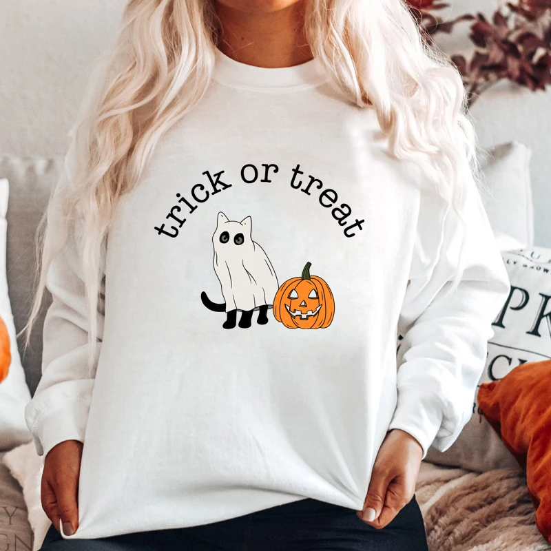 

colored trick or treat ghost cat pumpkin Sweatshirt funny women long sleeve jumper halloween graphic pullovers