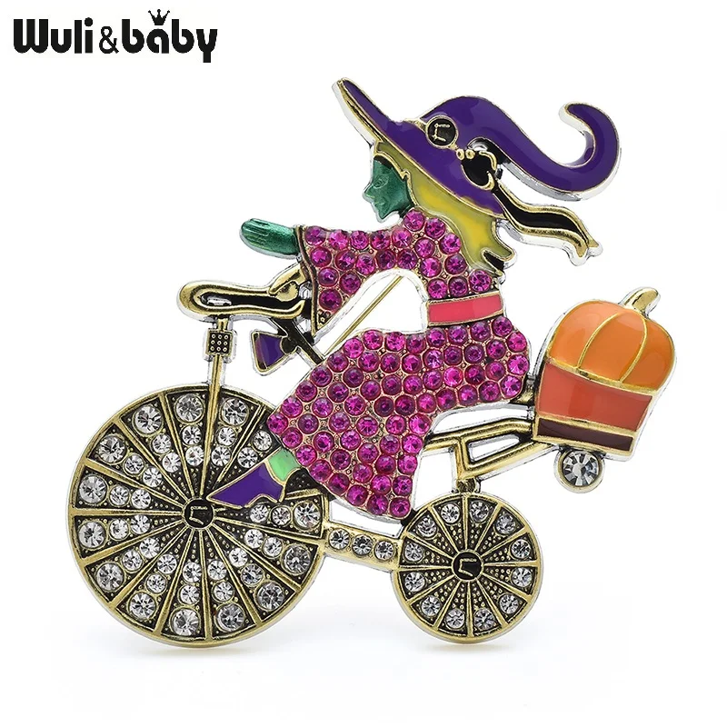 Wuli&baby Vintage Riding Bike Witch Brooches For Women 2-color Shining Lovely Taking Pumpkin Lady Casual Party Brooch Pins Gifts