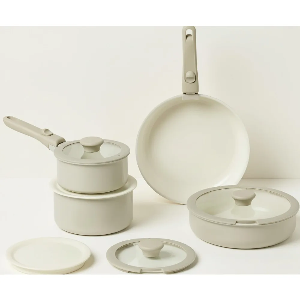 

11-Piece Ceramic Nonstick Cookware Set with Detachable Handles, Stackable & All Cooktop Friendly for Home Chefs