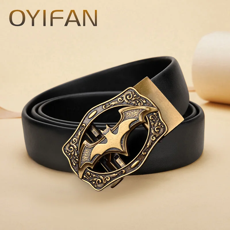 OYIFAN Fashion Men's Belt Genuine Leather Belt, Bat Shape Buckle, Vintage Personalized Belt, Young Mans Belt for Men