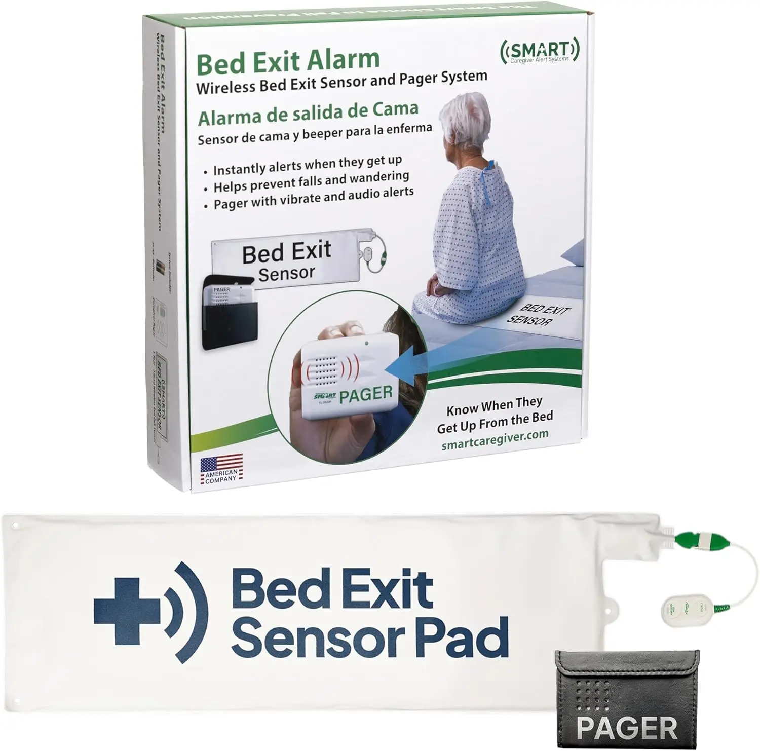 Wireless Bed Exit Alarm with Pager for Seniors - Fall Prevention Alert System, USA Support