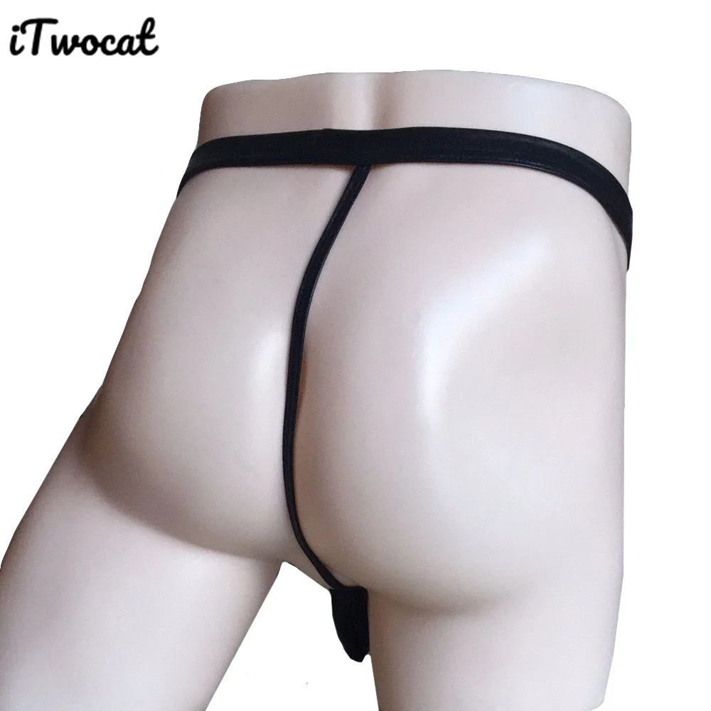 iTwocat Gay Jockstrap Men\'s Underwear Pu Leather Hollow Out Thongs Adult Underpants Sexy Men Exotic Costume G-Strings Lingerie