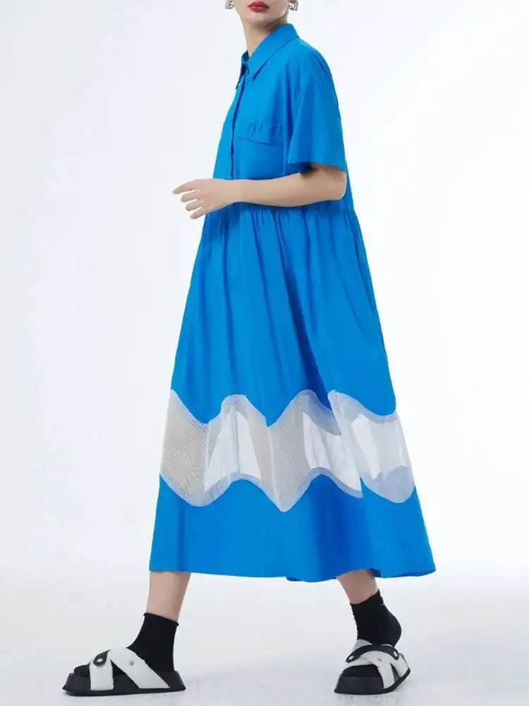 المرأة الأزرق منظور كبير الحجم قميص فستان جديد طية صدر السترة قصيرة الأكمام فضفاضة تناسب الموضة المد الربيع الصيف #2