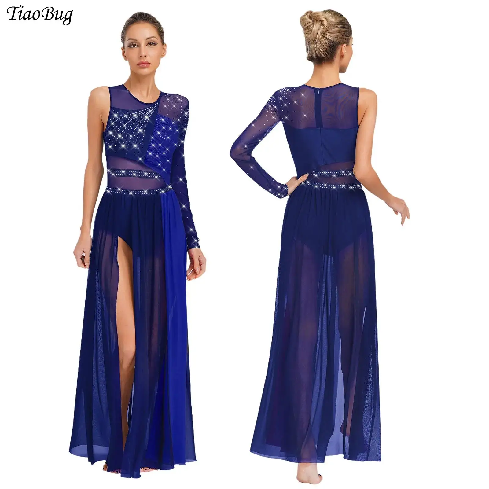 

Women Modern Lyrical Dance Dress Side Split Sheer Mesh Rhinestones Ballet Gymnastics Leotards Skating Contemporary Dance Costume