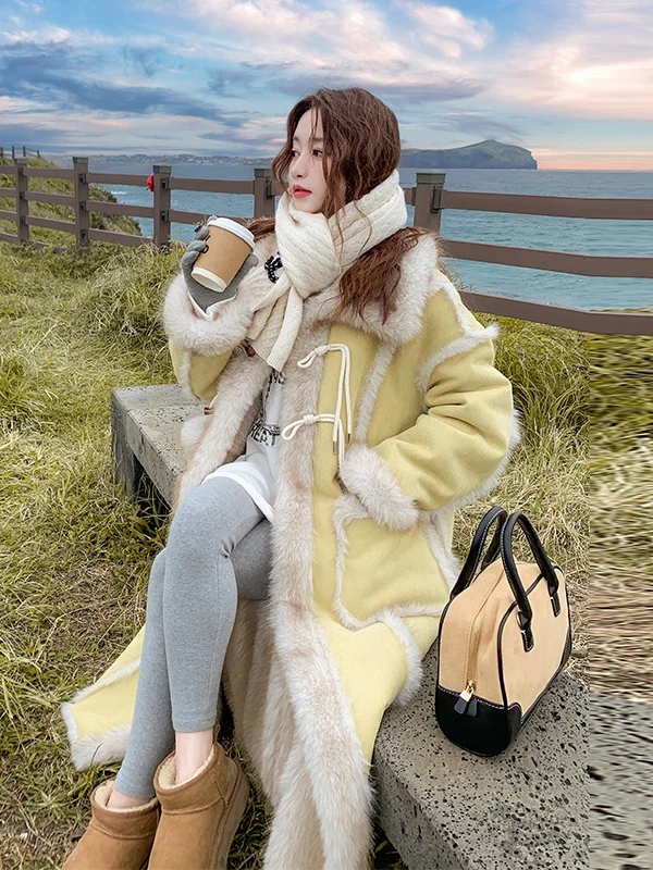 

Женское длинное пальто из овчины с интегрированной кожей и мехом, утепленное, осенне-зимнее, новое, на пуговицах, в корейском стиле