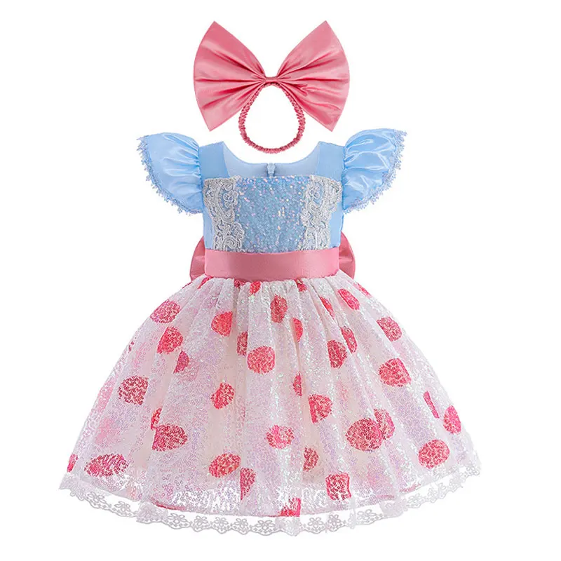 Inspired from Toy Kids Blue Sleeve Princess Dress Pink Sequin Tulle Gown with Bow Hairband Girls Birthday Cosplay Bopeep Costume