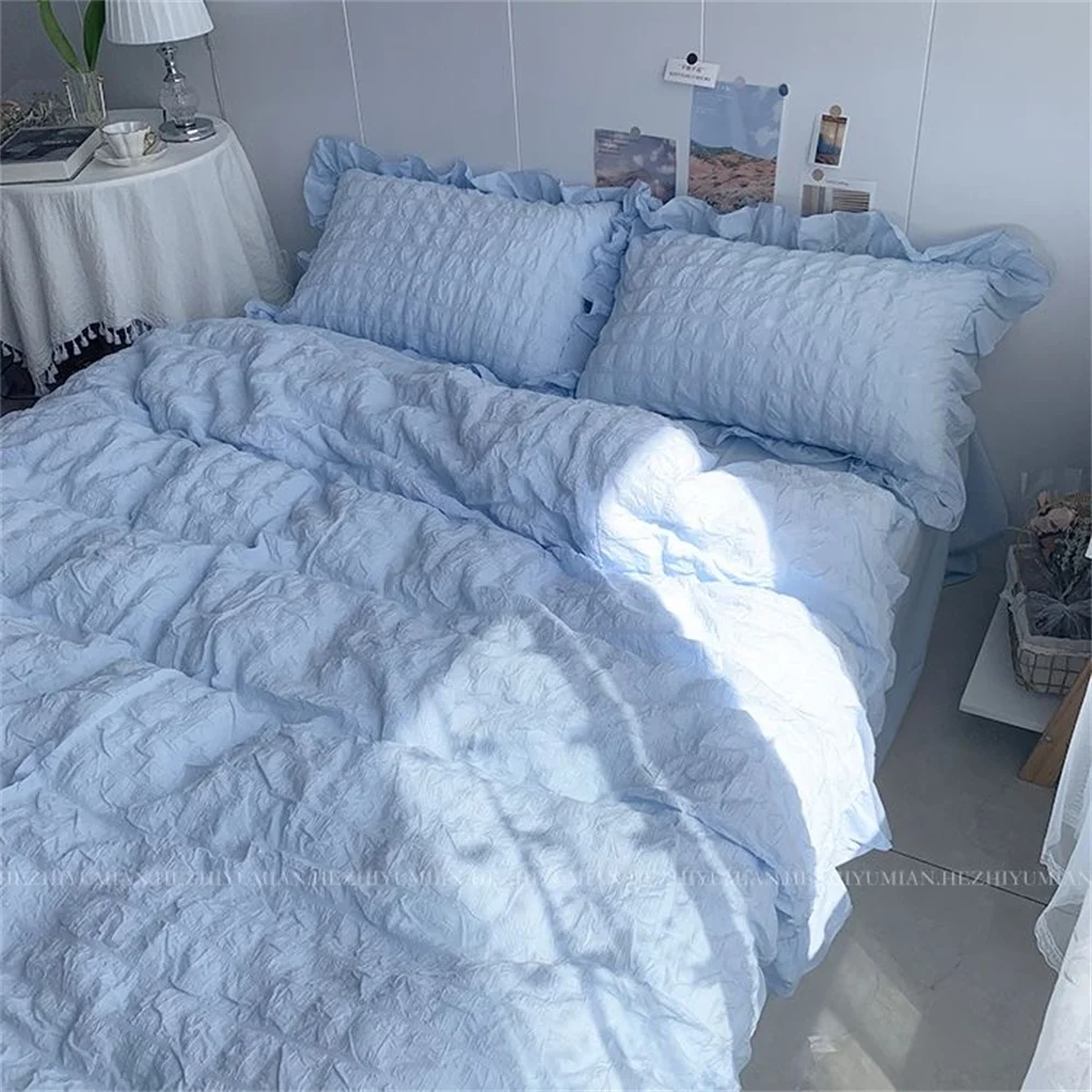 

Quilt Cover INS Girl Blue Solid Color Seersucker Ruffles Lace Bedding Set Kawaii Soft Sheet Woman Duvet Cover Pillow Covers