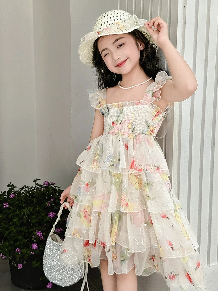 

2025 Summer New Girls Lace Floral Suspender Layered Dress Korean Children Lace Patchwork Sweet Dress