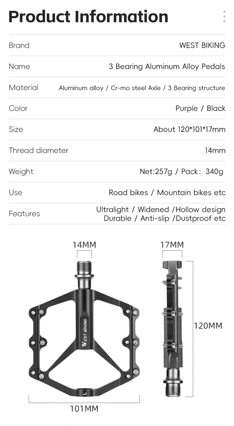 WEST BIKING Ultraleichtes Fahrradpedal 3 Lager Aluminiumlegierung Breites Fahrradpedal Rutschfestes MTB Rennrad-Pedal Fahrradzubehör – Detail 3