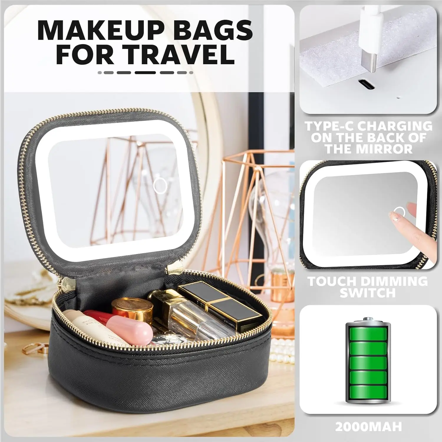 Mini Makeup Bag with Led Mirror Small Travel Cosmetic Organizer 3 Light Adjustable Brightness for Women Portable Train Toiletry