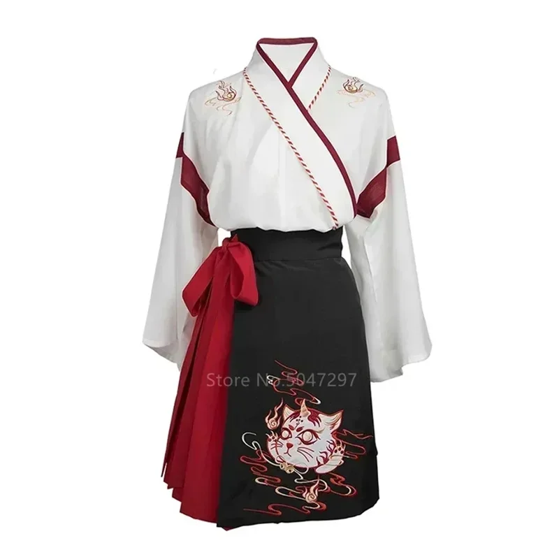 كيمونو Jurk الياباني، Vrouw Zwart Wit Kat Borduurwerk Rokken، Vintage Aziatische Kleding، Yukata Haori Cosplay Feest 2 Stuks Se
