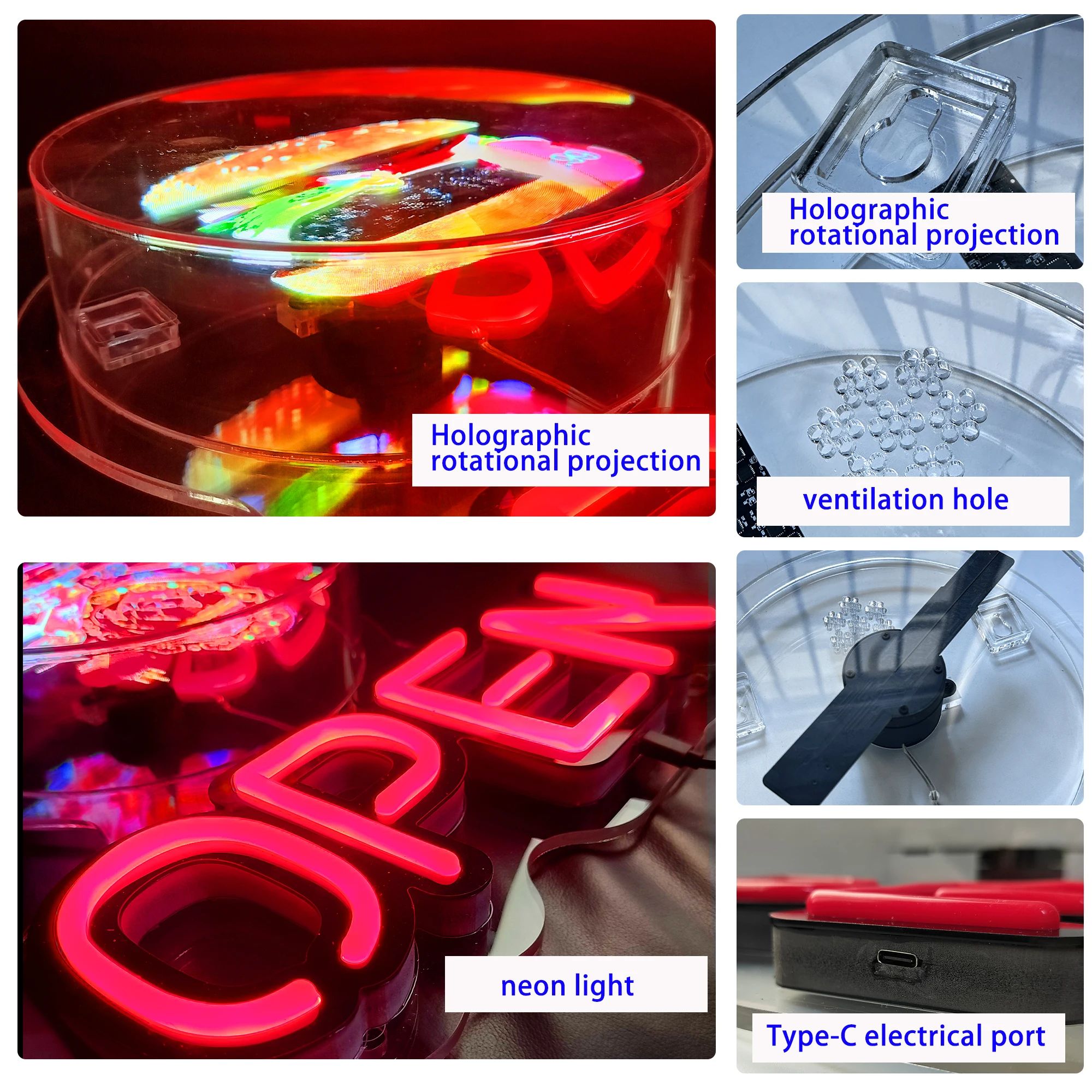 ป้ายไฟนีออน LED ขนาด 30 ซม. พร้อมจอแสดงผลโฮโลแกรมพัดลม P20 สำหรับโฆษณาธุรกิจร้านค้า ไฟหน้าร้าน ปรับแต่งได้