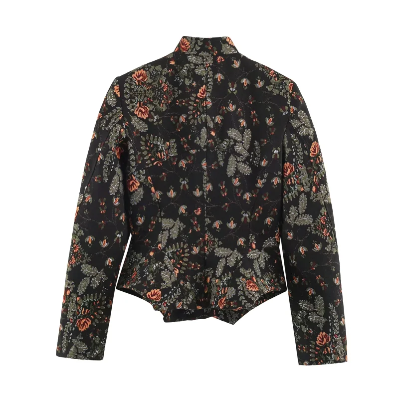 2026 Neue Vintage-Blumenjacquard-Jacke für Damen mit Stehkragen, langen Ärmeln, unregelmäßigem, abgerundetem Saum und Knopfverschluss, kurzer Mantel. – Detail 14