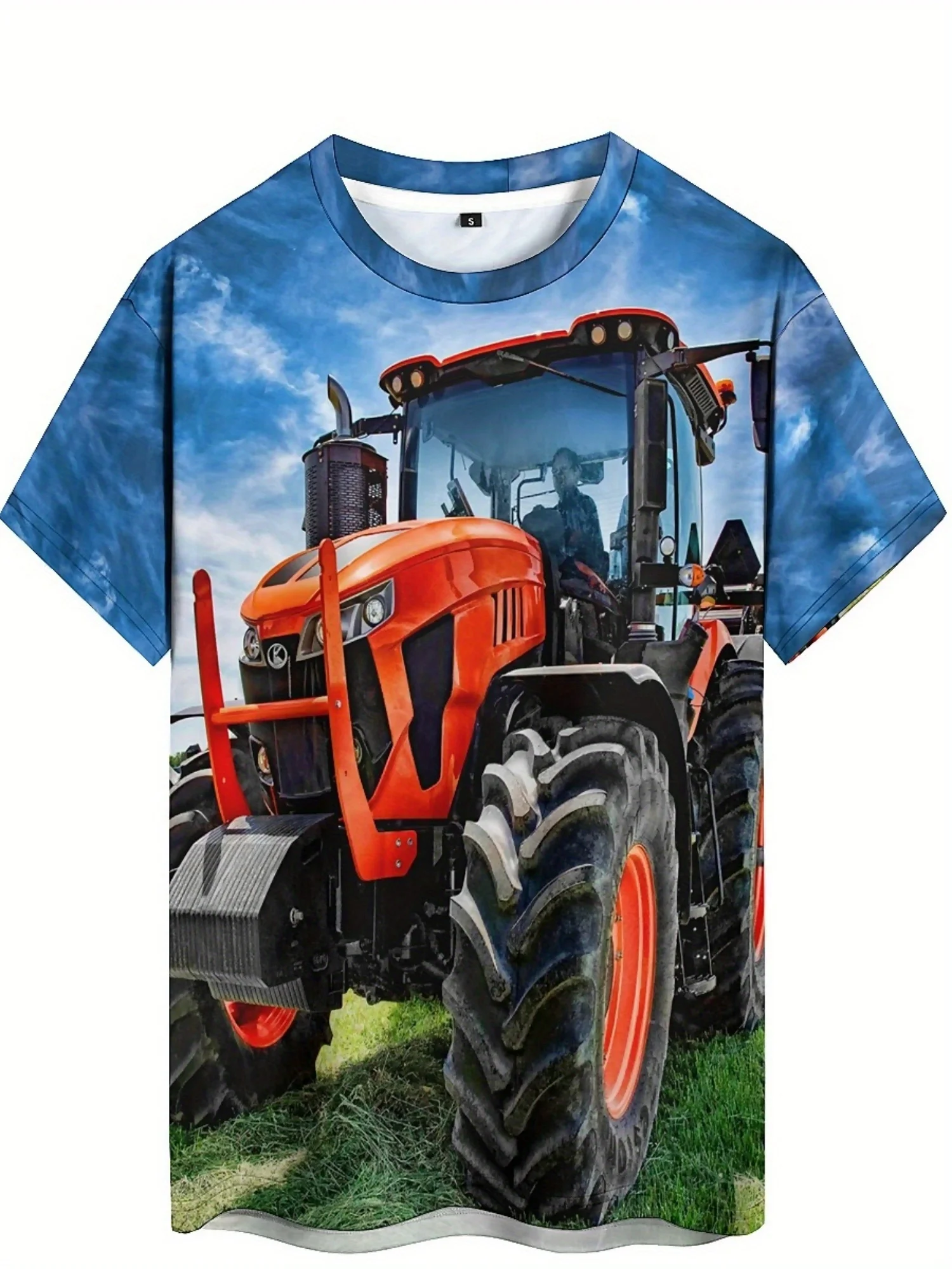 Camiseta masculina e feminina de manga curta com estampa 3D de trator agrícola – poliéster leve e respirável, conforto para todas as estações,