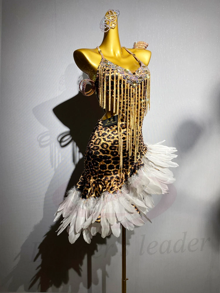 Latin Dancer Adult Children High-End Custom Leopard Print Dress Feather Skirt Tango Samba AB Stone Performance Dress