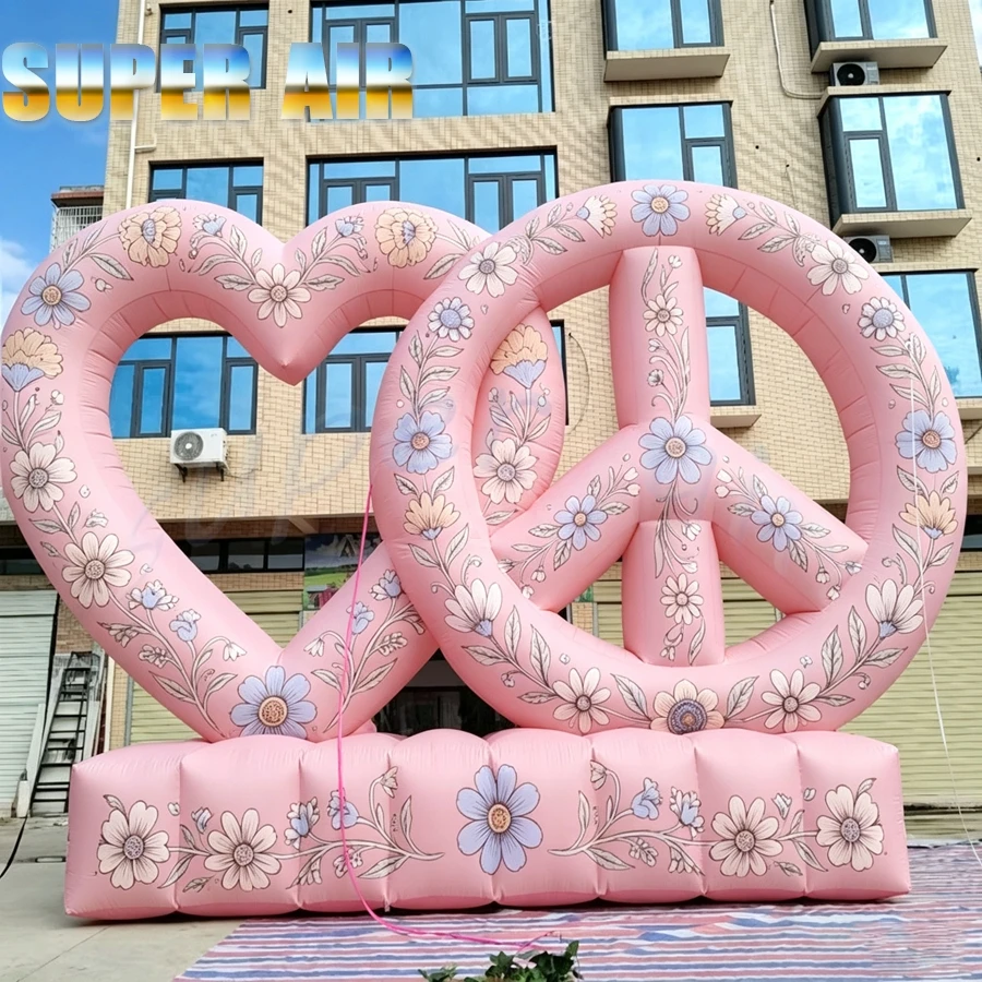 Giant Pink Inflatable Heart Peace Sign Arch with Floral Pattern, Blow Up Inflatable Arch for Wedding Party Photo Backdrop,