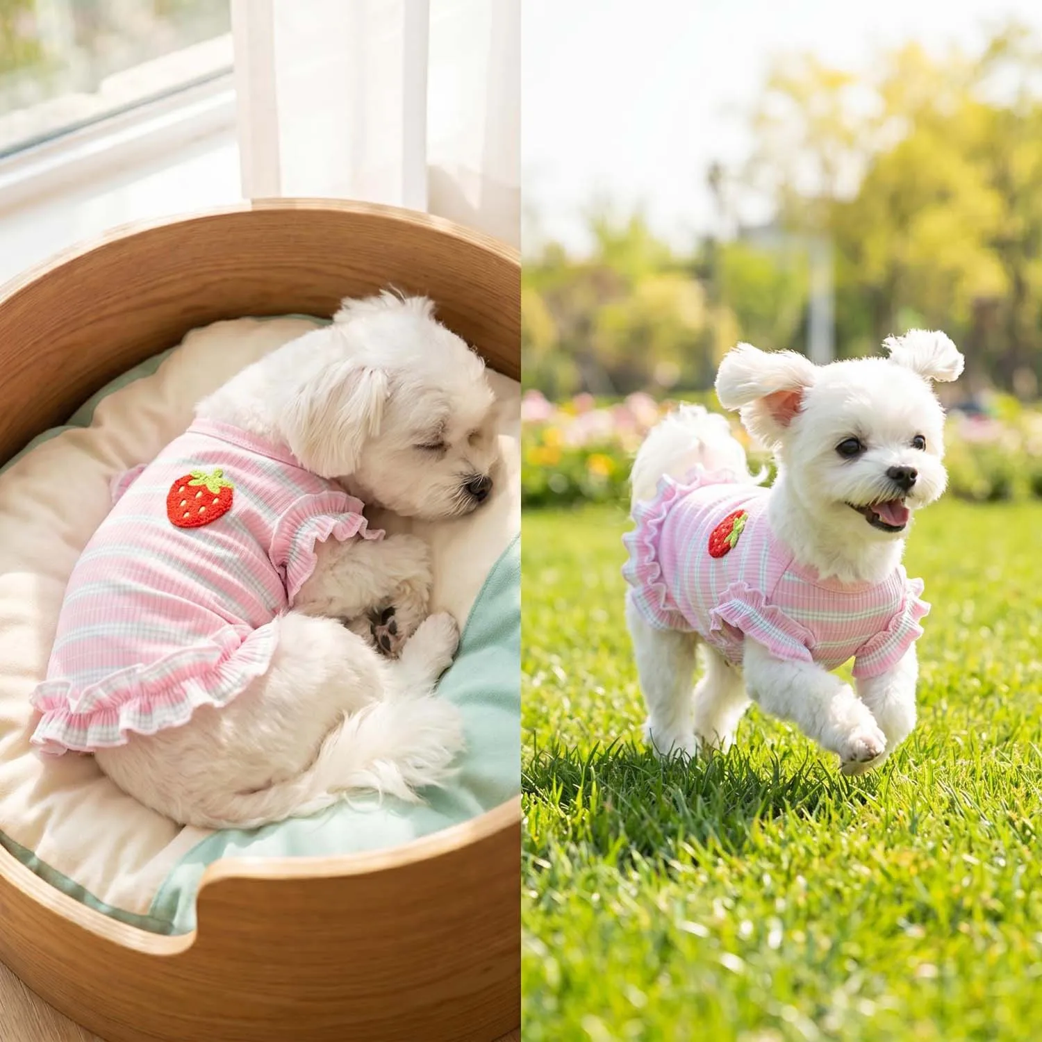 Erdbeer-Besticktes Gestreiftes Hundekleid mit Rüschensaum Niedliche Haustier-Weste für Kleine Hunde und Katzen – Detail 5