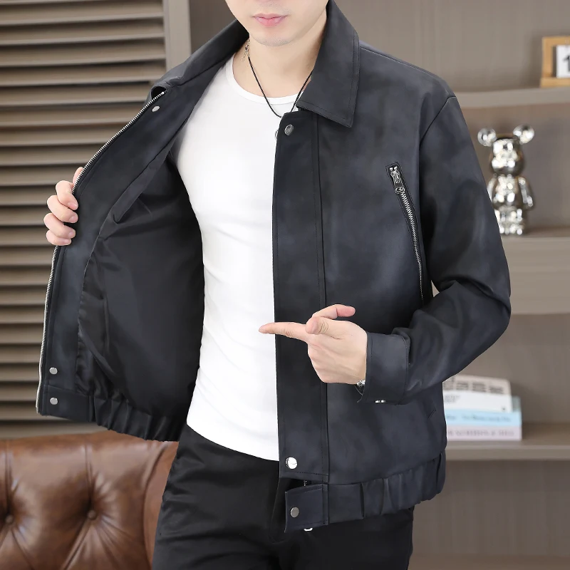 

Spring and Autumn Trendy new lapel PU leather jacket for men, high-quality windproof, stylish and versatile jacket