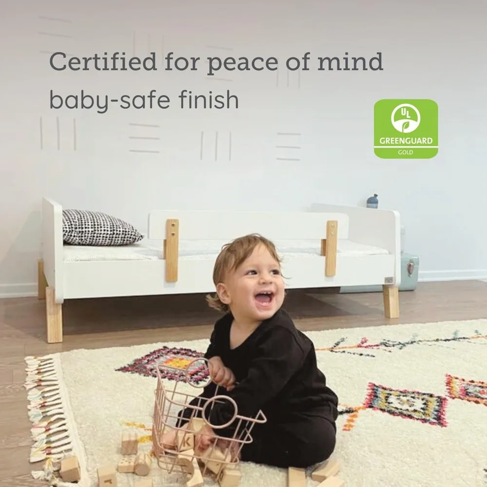 سرير أطفال مستوحى من مونتيسوري مع قضبان أمان قابلة للإزالة، تصميم منخفض المستوى، هيكل من الخشب الصلب، متوافق مع ستاندا