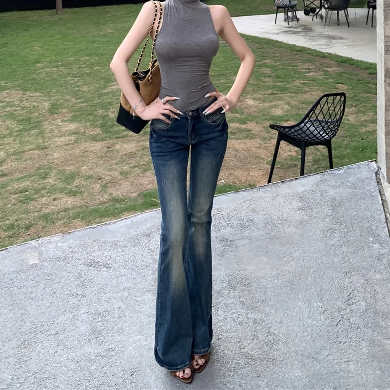 Benuynffy 2025 Autunno Nuovo Vintage Lavato Flare Jeans Donna Moda Coreana Streetwear Vita Bassa Tutti I Match Pantaloni a Campana
