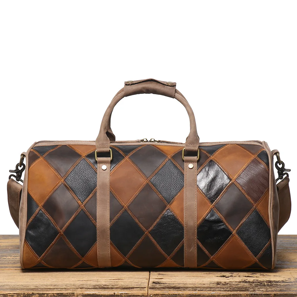 Genuine Leather Men's Hand-Held Travel Bag, Top-Grain Cowhide Personalized Diamond-Shaped Color-Matching Luggage Bag