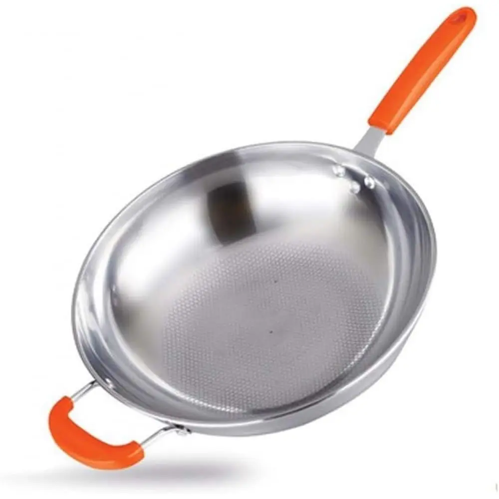 

Non-Stick Stainless Steel Wok, 34cm Diameter, Smokeless Cooking, No Oil Needed