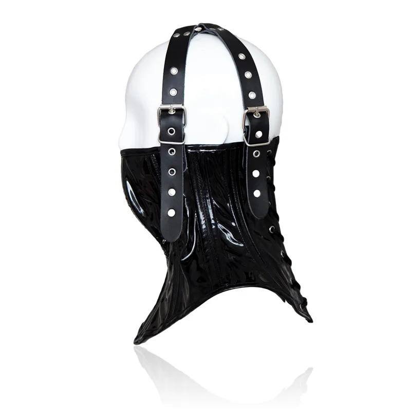 Sexy Wetlook Leather BDSM Bondage Collars with Unisex Lockable Half Face Mask for Fetish Neck Restraint Adult Games Sex Toys