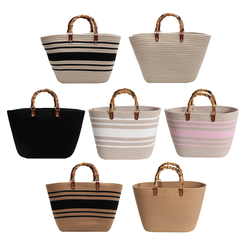 Cotton Woven Handbags Bamboo Handle Top-handle Bag Large Capacity Striped Portable Casual Fashion Exquisite for Seaside Party