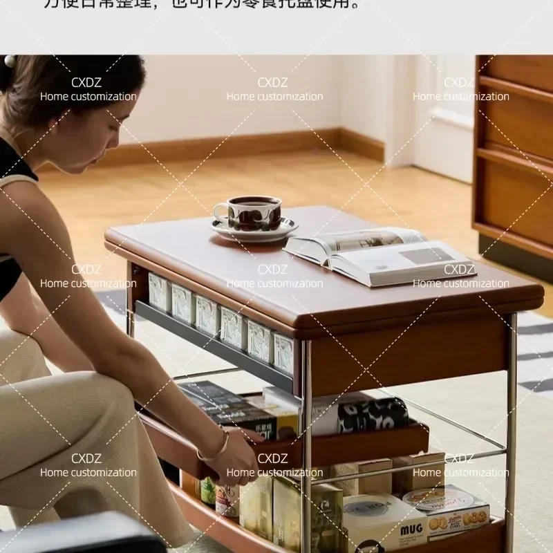 Solid Wood Coffee Table Folding Mobile Trolley for Living Room Small Apartment Antique Style Sofa Side Tea Table