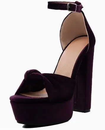 Sandalias de Plataforma de Terciopelo Morado Oscuro para Mujer, con Lazo, Punta Abierta, Tacón Cubierto, Tacón Grueso, Correa al Tobillo, para Fiestas y Eventos Nocturnos