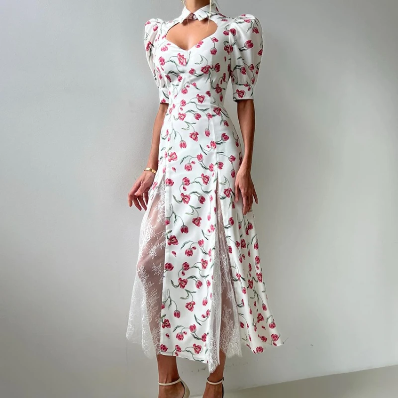 

2025 Summer New Design Style Lace Splicing Temperament Collection Waist Bubble Sleeve Long Dress for Women