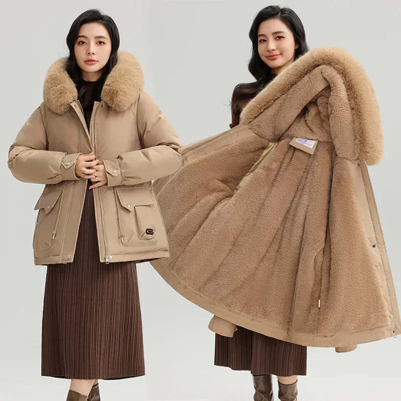 

2024 Winter New Thickened Style Overcomes The Trend of Women's Retracted Waist, Hooded, Big Hairy Collar, Warm Cotton Jacket