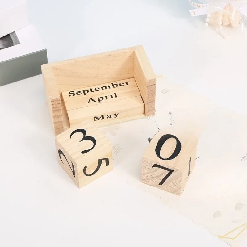 Solid wood square digital desktop calendar Children's manual scrolling DIY calendar