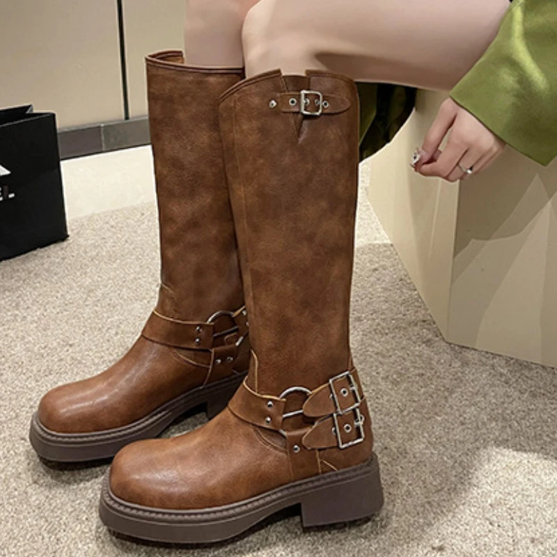 

Woman Knight Boots Spring Autumn Retro Round Head Non-slip Comfort Western Boots Fashion Hiking Platfrom Shoes Zapato De Mujer