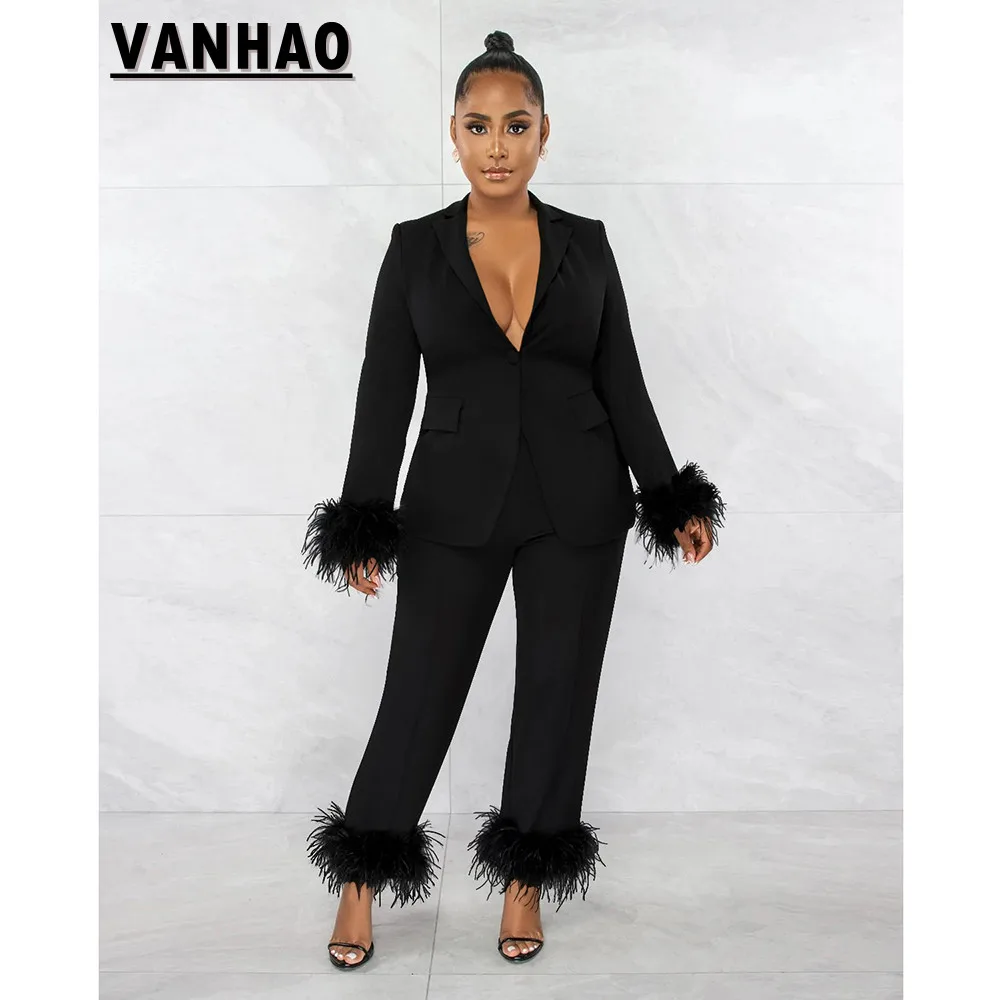 VANHAO New Arrivals Fall Outfits Women Feathers Long Sleeve V Neck Solid Blazer Set Formal Suit for Women Wholesale Dropshipping