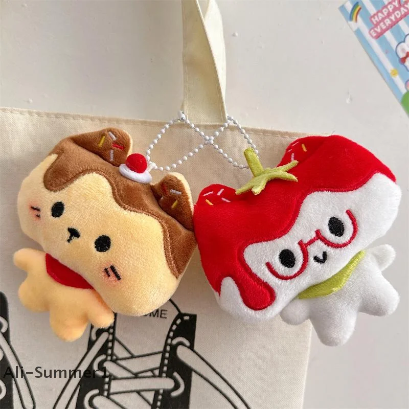 【E】Cute Cartoon Squeak Strawberry Cat Plush Keychain Kawaii Stuffed Doll Pudding Dessert Backpack Pendant Charm Decoration Gifts