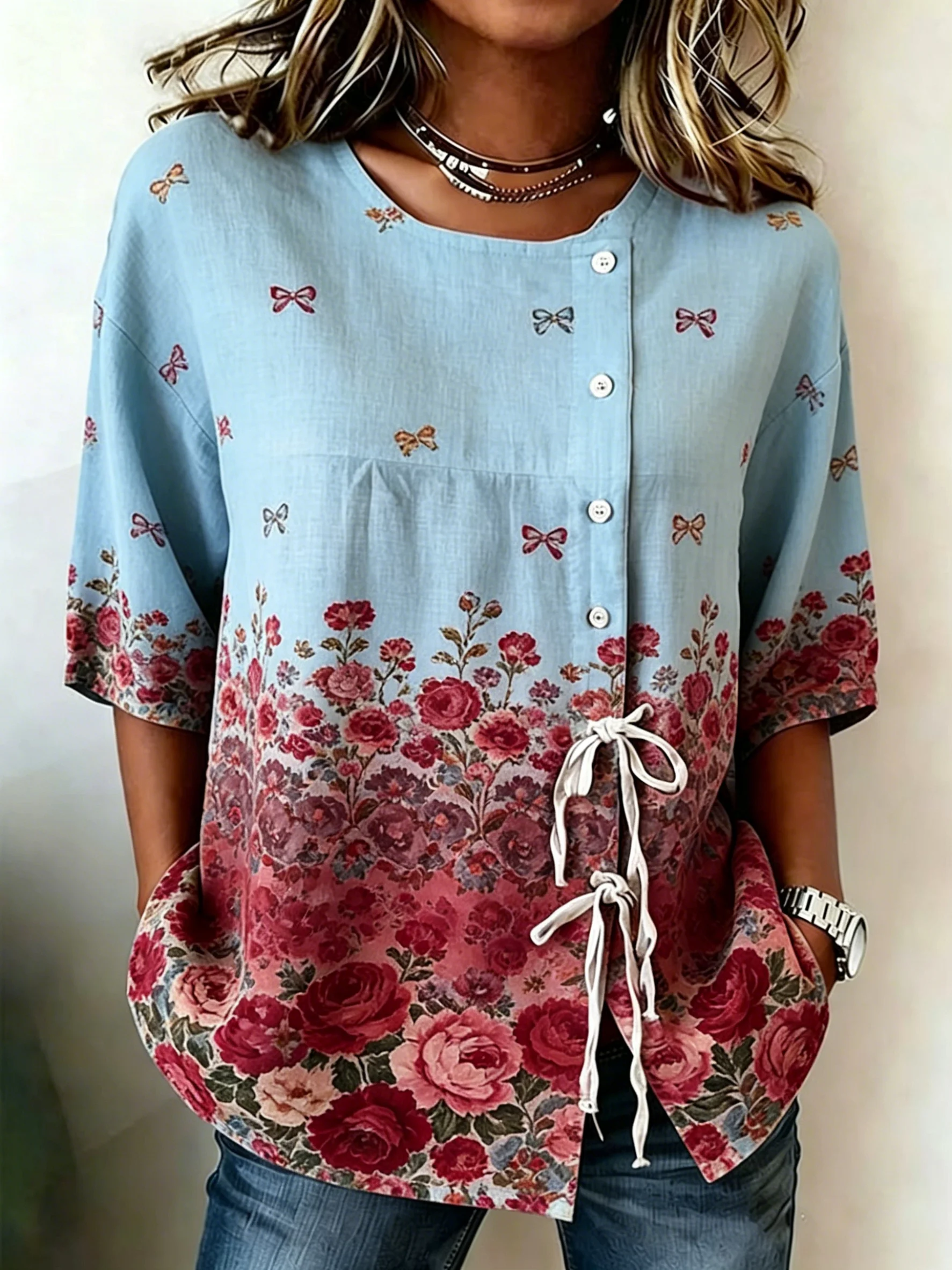 

Women's Spring Summer Drawstring Blouse, Ombre Floral & Bow Print Casual Tops for Daily Street Holiday Dating & Leisure Outfit