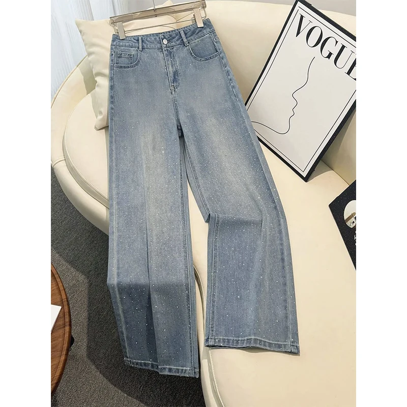 Sparkling Diamond-mounted Women's Jeans Spring Autumn Slim-looking Loose Wide Leg Pants Casual Zipper High Waist Trousers