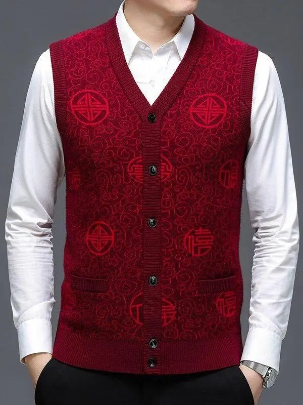 

Мужской утепленный кардиган-жилет с V-образным вырезом для среднего и старшего возраста, зимняя одежда, стандартная длина