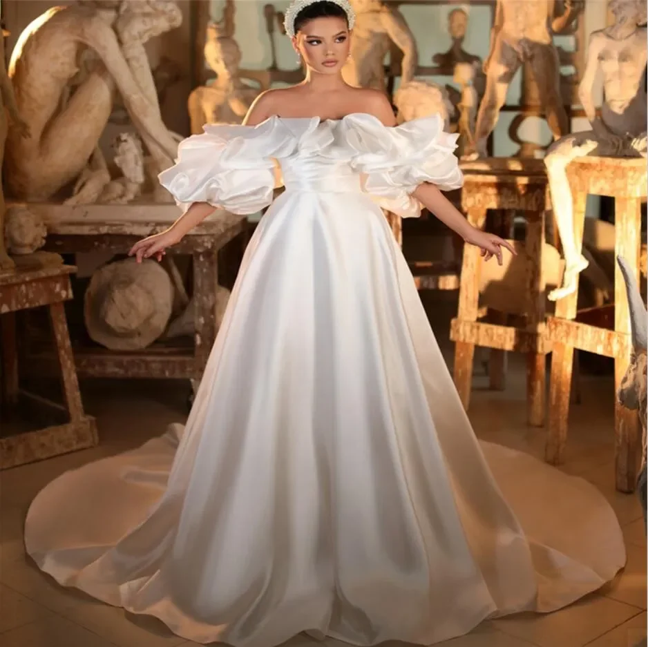 

Customized New Elegant Princess Satin Wedding Dress A Line Floral Pleated Off-The-Shoulder Wedding Dress Vestido De Noiva 2025