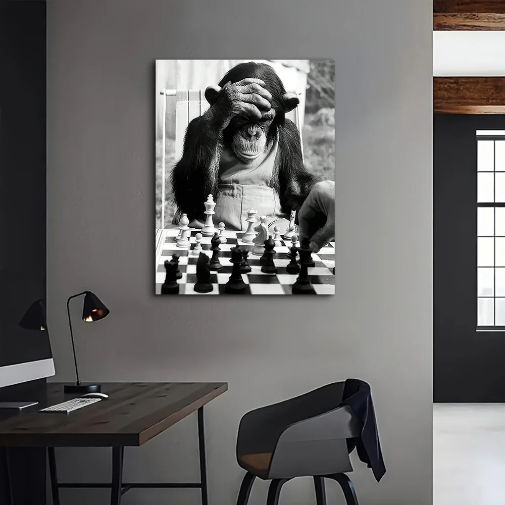 Classic Vintage Animal Wall Art Monkey Playing Chess HD Canvas Printed Poster Home Living Room Bedroom Decorative Painting
