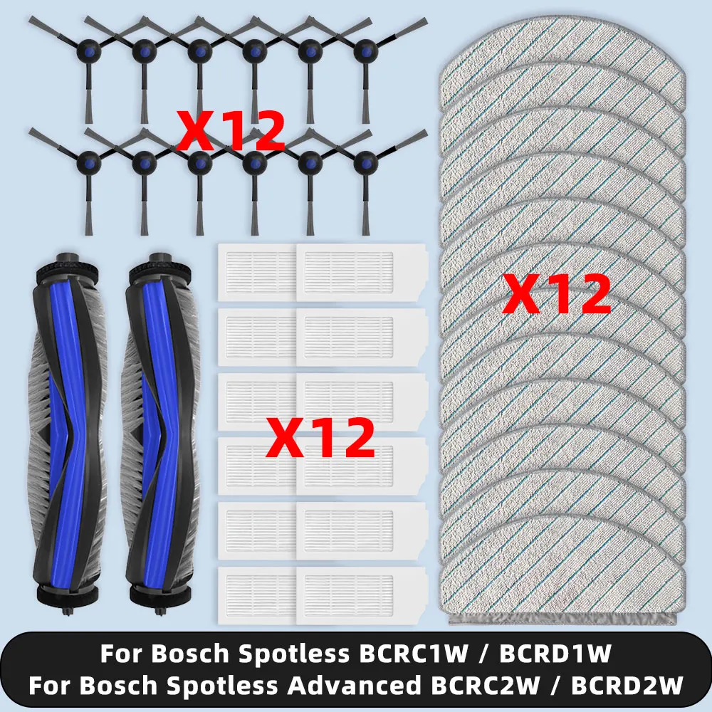 Kompatibel für ( Bosch Spotless BCRC1W BCRD1W / Spotless Advanced BCRC2W BCRD2W ) Ersatzteile Zubehör Hauptseitenbürste HEPA-Filter Mopptuch