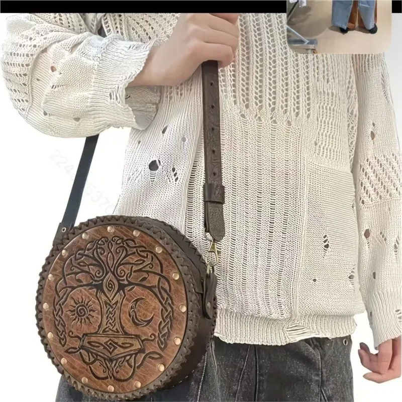 Vintage Medieval Embossed Studded Shoulder Bag Women Braided Rope Round Large Capacity Crossbody Bag Ladies Personality Bag 2025