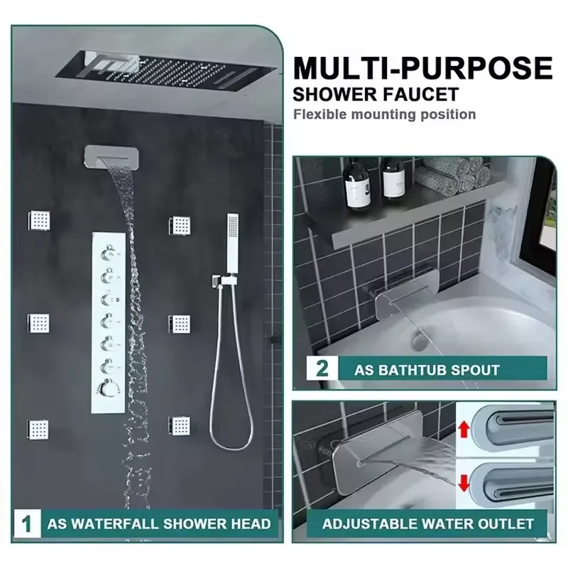 Luxury Smart Ceiling Shower System LED Thermostatic Rainfall Waterfall Massage Jets Full Body Set Bathroom Fixtures Black view 2
