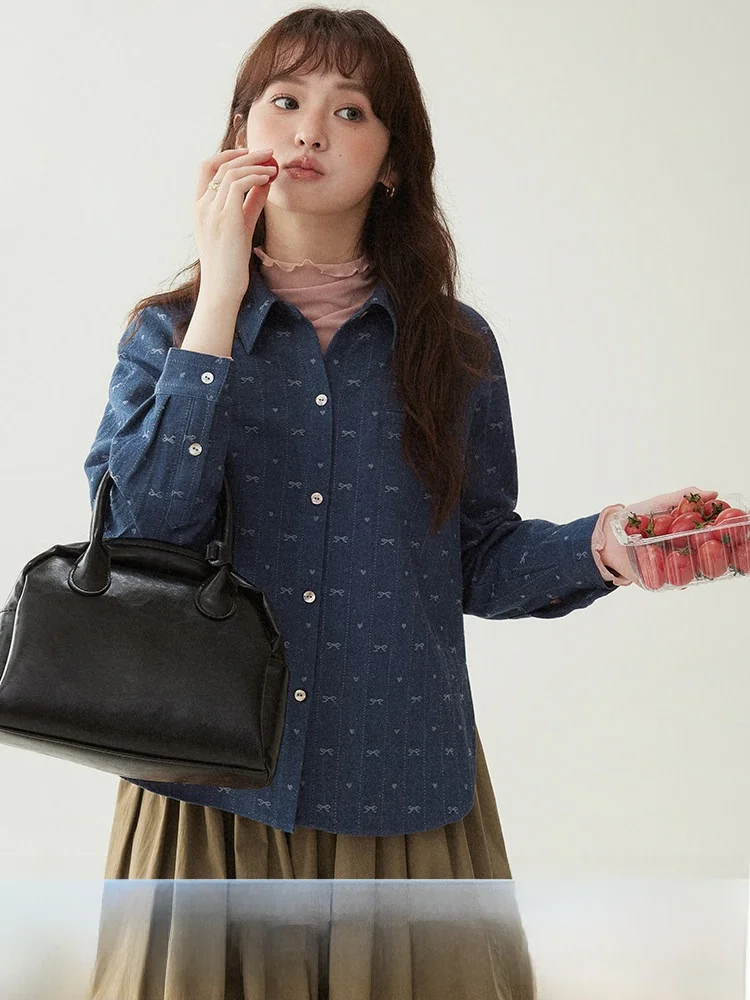 

AMUU Original Knot Embroidered Denim Fabric Shirt Women's Spring New Single Button Turn Collar Top Breathable Long ...