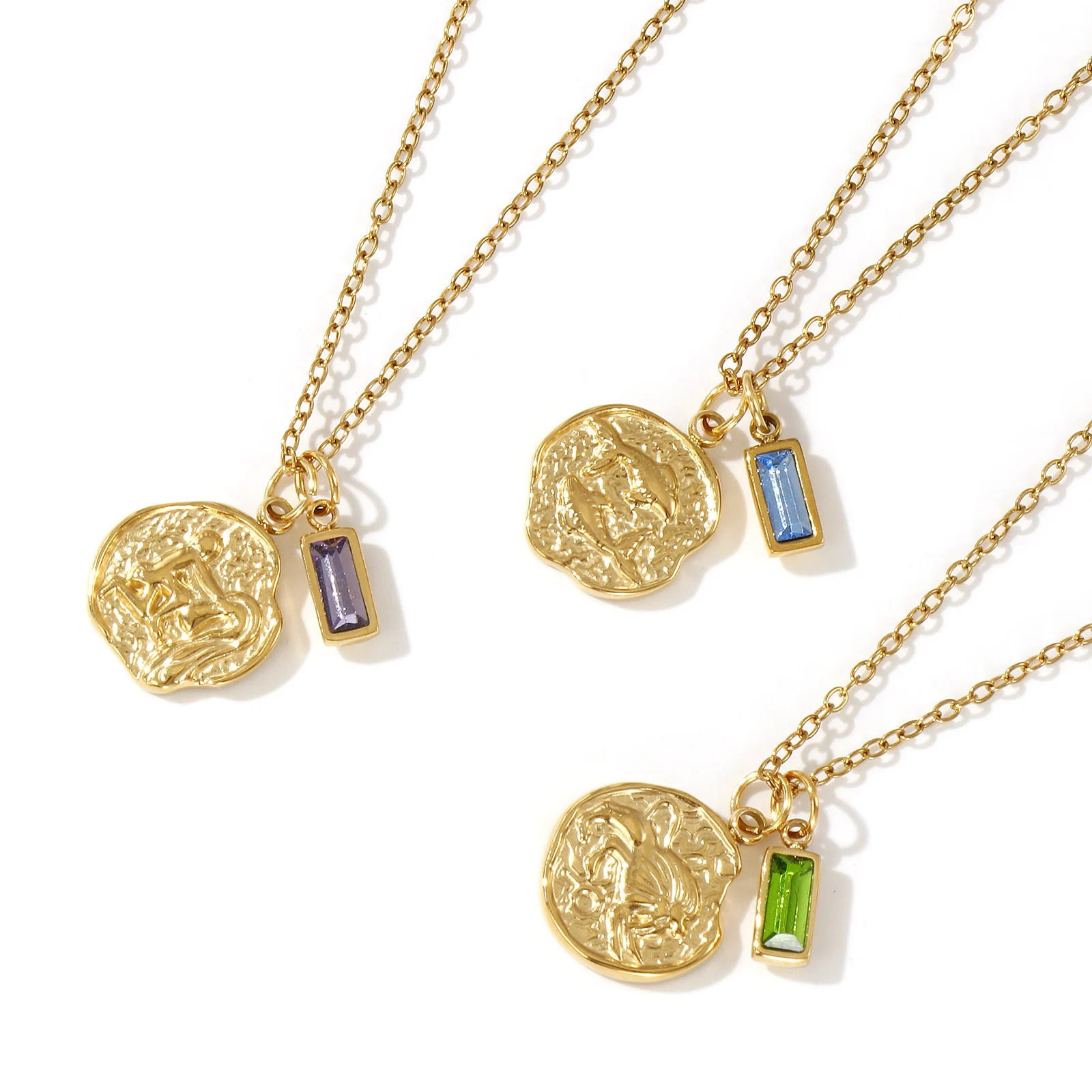 304 Stainless Steel Link Cable Chain Necklace Disc Constellation Birthstone Pendant Charm 18K Gold Plated 45cm + 5cm, 1 Piece