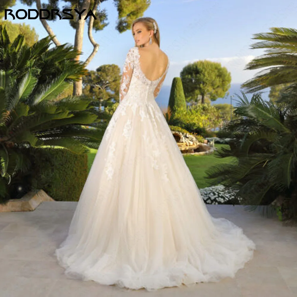 RODRSYA Elegante Mangas Longas Vestido de Noiva Para 2024 Noiva Backless VRODDRSYA Elegante Mangas Compridas Vestido De Noiva Para 2024 Noiva Sem Encosto V-Neck Applique A Linha Do Laço Vestidos De Noiva Robe De Mariée